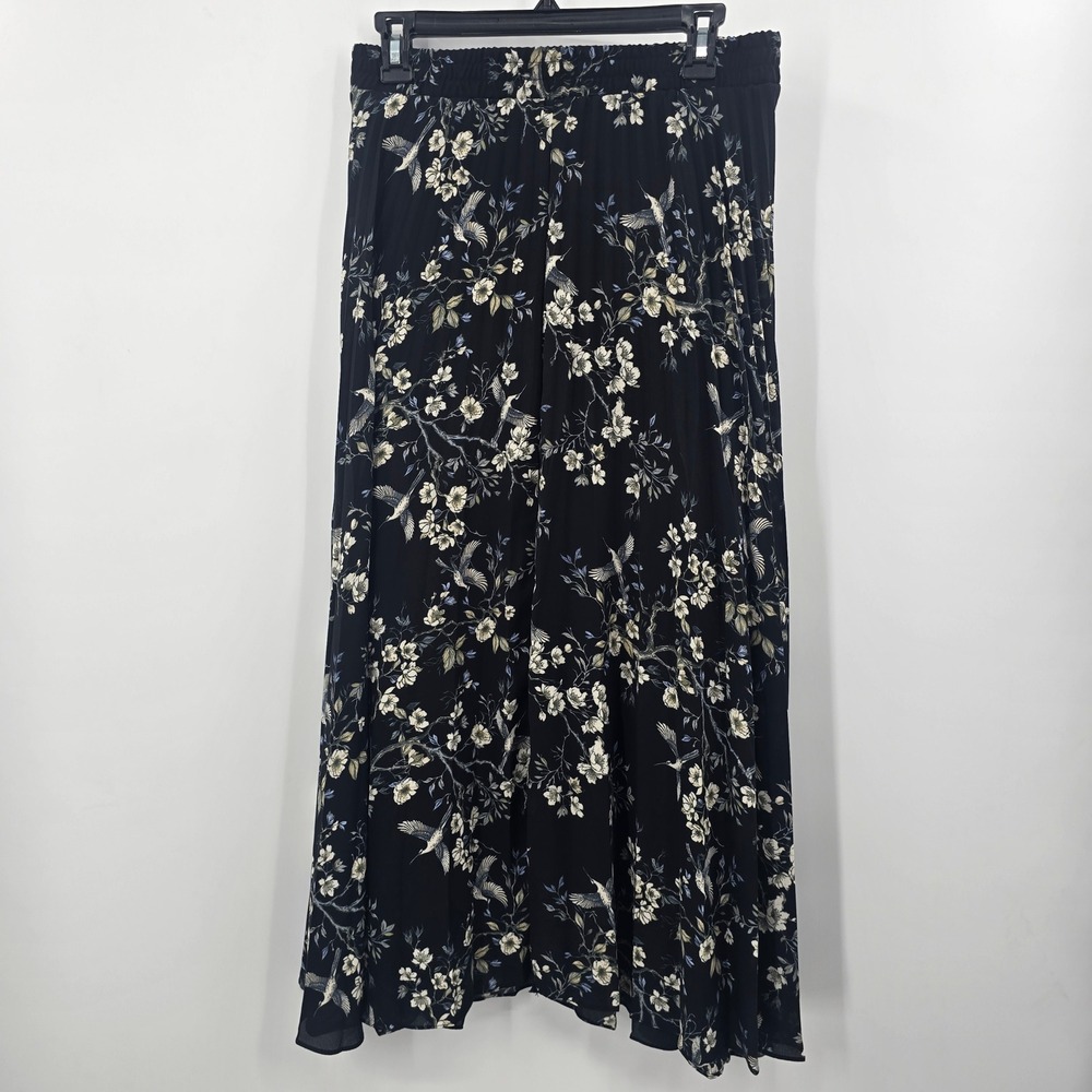 Max Studio London Skirt Womens 2X Floral Hummingbird Pleated Midi Black
